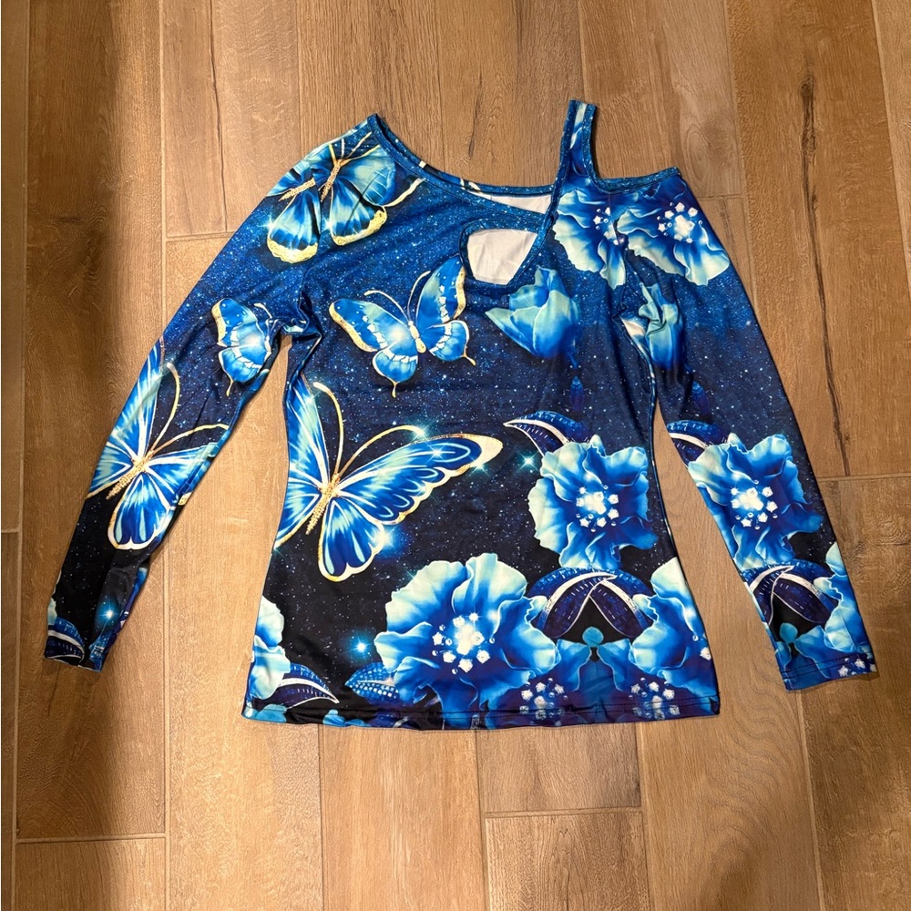 Blue Floral & Butterfly Cold-Shoulder Women’s Top